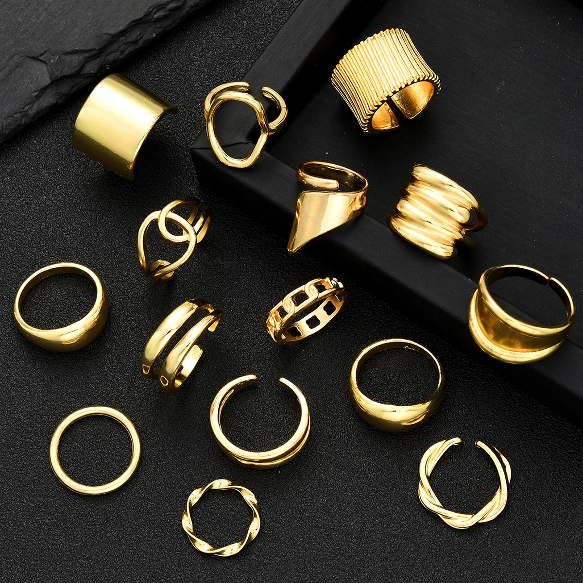 مجموعة خواتم هندسية بوهو عتيقة للنساء موضة الذهب اللون مبالغ فيها الشرير الجوف قطرة الماء خواتم ملابس يومية هدايا مجوهرات #3
