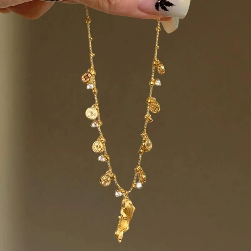 New Chinese style Brushed Necklace with Fish and Starry Sky Gold Colour Koi Fish Coin  Collarbone Chain For Women KOFSAC
