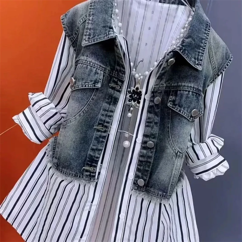 

Fake Two Denim Shirts Women 2024Spring Summer Single-Breasted Long-Sleeved Casual Stitching Striped Top Women Jackets Denim Coat