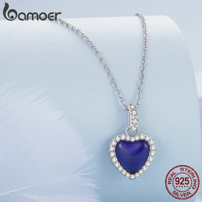 Bamoer 925 Sterling Silver Emotion Stone Heart Pendant Necklace Color Change Gemstone Neck Chain for Women Valentine's Day Gift