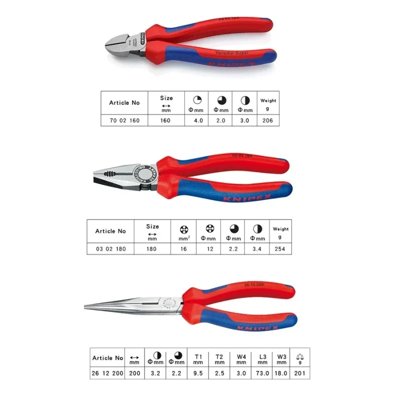 KNIPEX 002011 طقم كماشة 3 قطع مع كماشة مجمعة 0302180 إبرة زردية 2612200 قطري القاطع 7002160