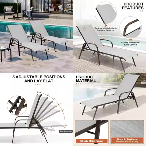 Outdoor Adjustable 5-Position Chaise Lounge Chair, Full Flat Recliner for Patio, Deck, Beach, Yard Comfort