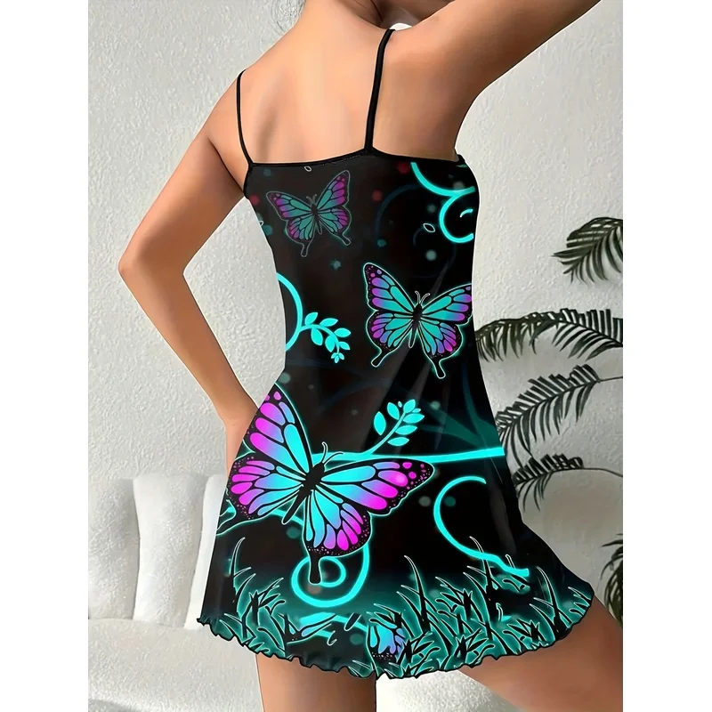 This Year's New Women's butterfly Print Ruffle Strap Dress with Round Neck and Open Back Nightgown