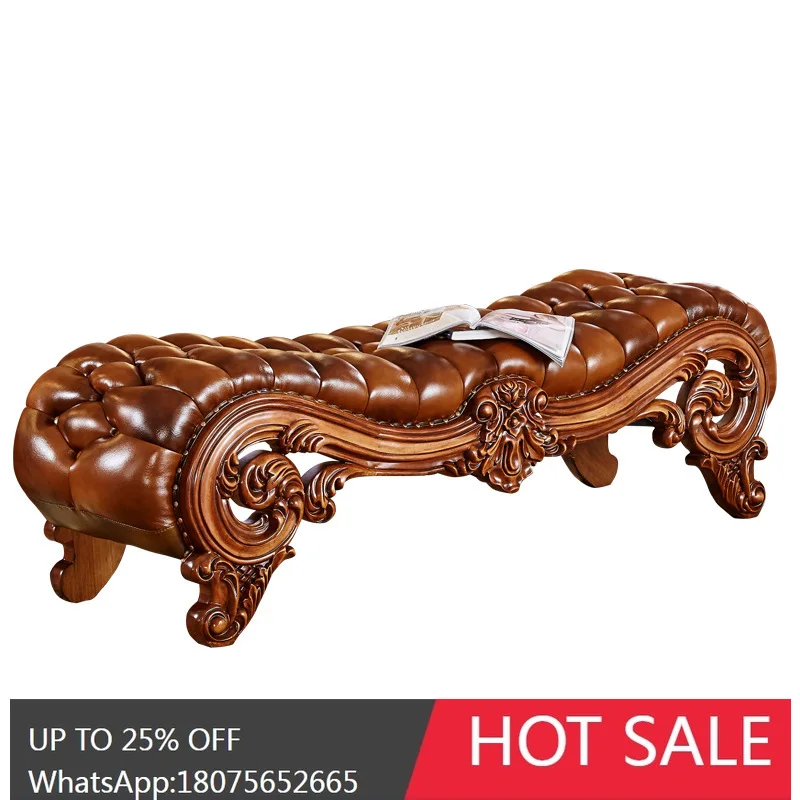 

MJY European Style Bed End Stool American Style Top Layer Cowhide Solid Wood Carved Shoe Changing Bench