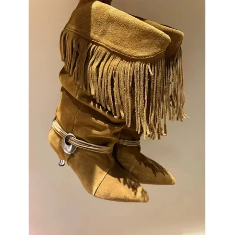 2025 Women's Metal Heel Suede Tassel Sleeve Short Boots for European and American Fashion Week Fashion Show Banquet Shoes