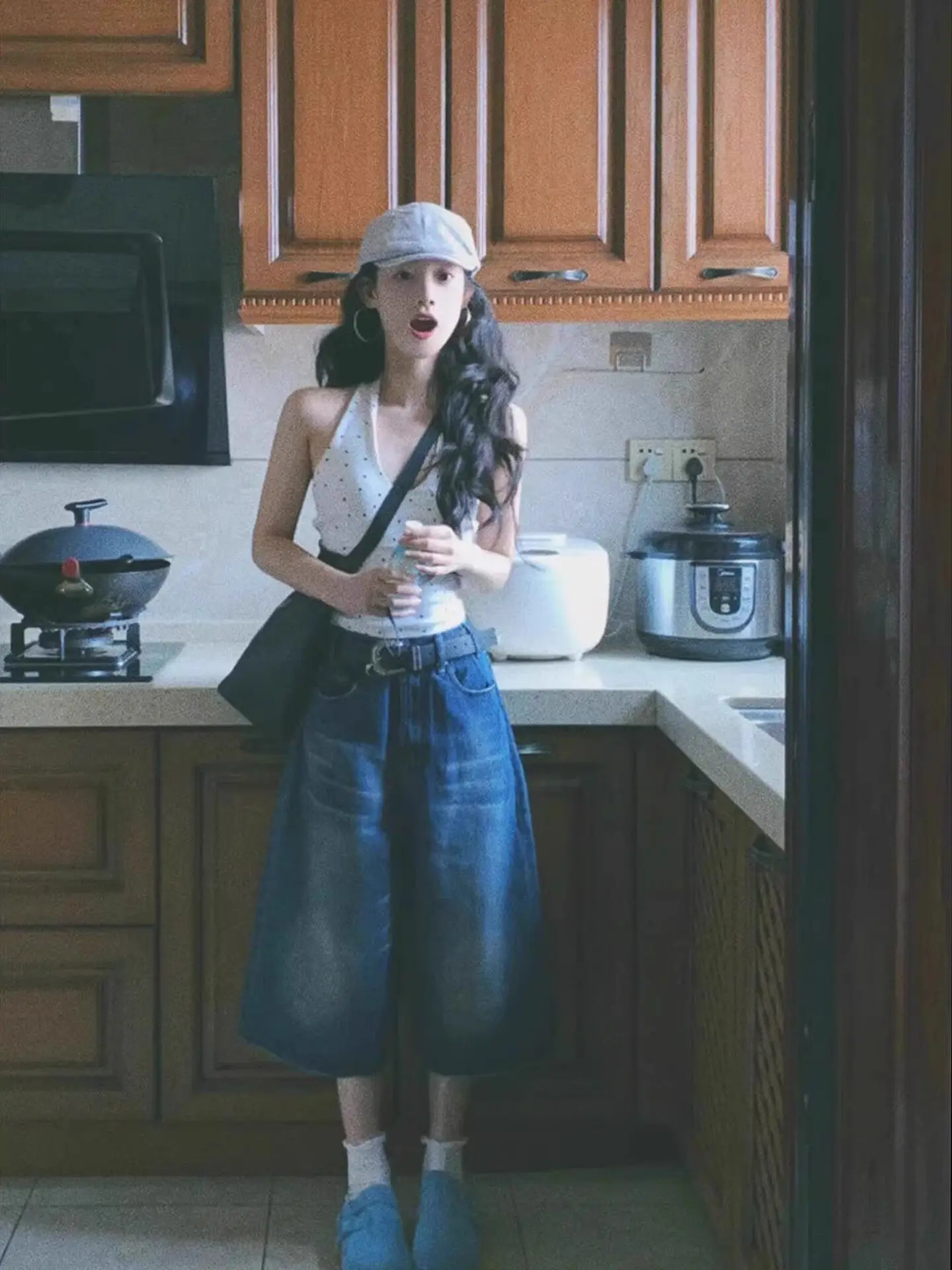 

Retro American Washed High Waist Seven-Foot Jeans Women Summer Lazy Loose Straight Leg Wide Leg Mid-Length Denim Jeans