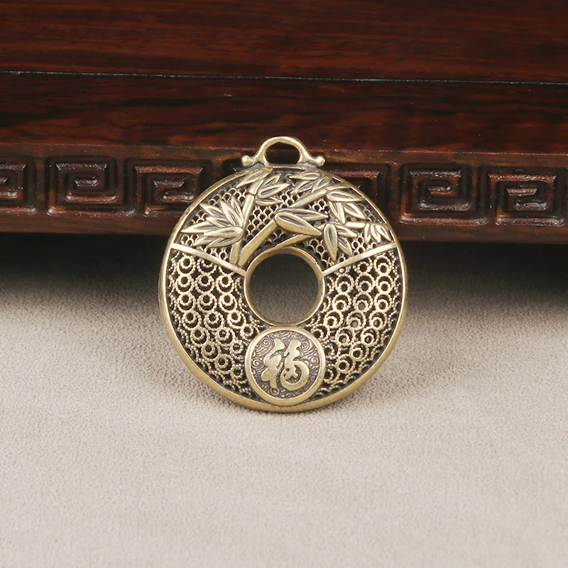 Vintage Brass Hollow Bamboo Blessing Safety Buckle Keychain Pendant Creative Lucky Hanging Ornament DIY Accessory Antique Copper