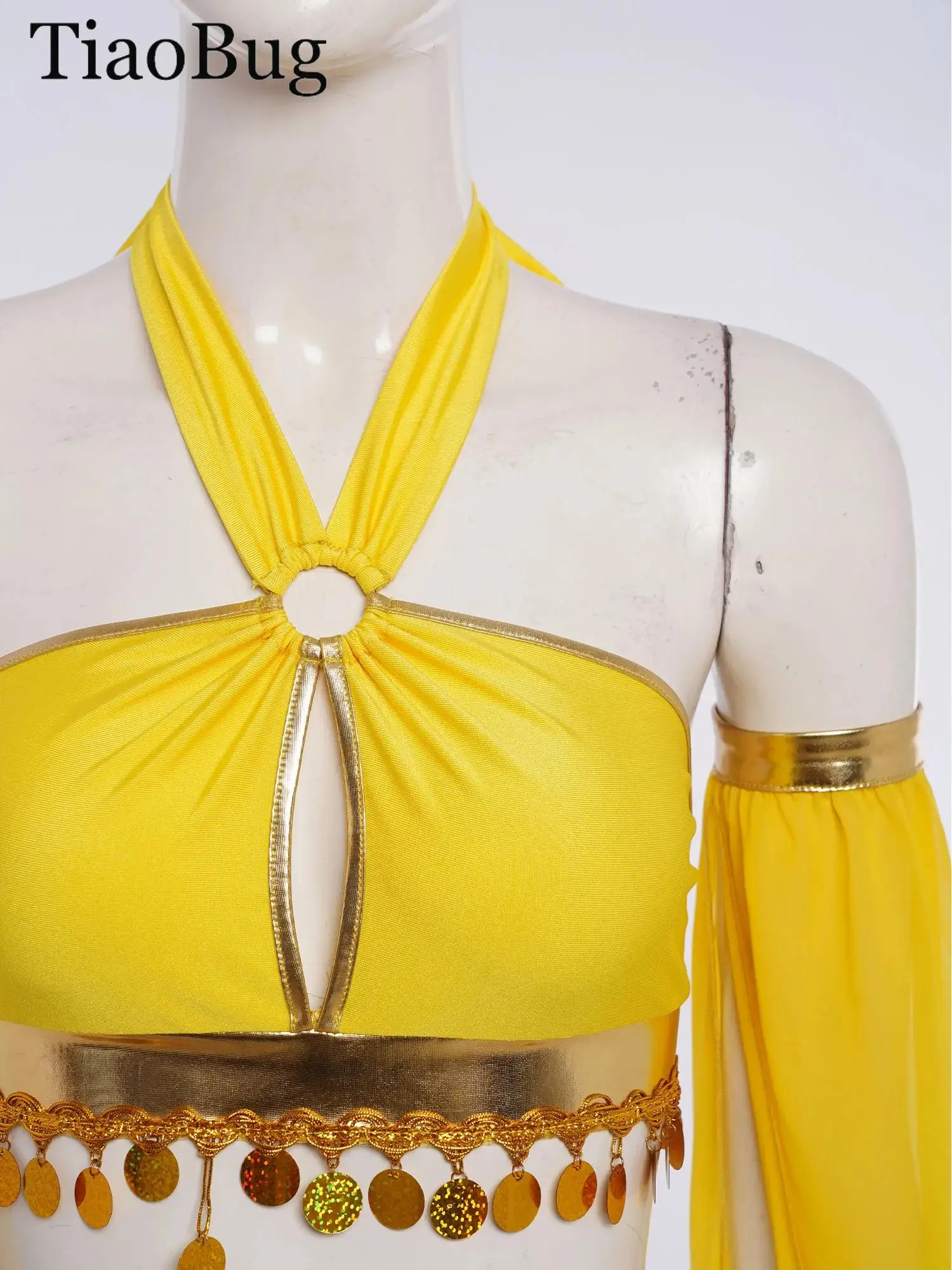 

Women Halloween Cleopatra Ancient Egyptian Queen Costume Halter Crop Top with Split Chiffon Skirt Sleeves Belly Dance Outfits