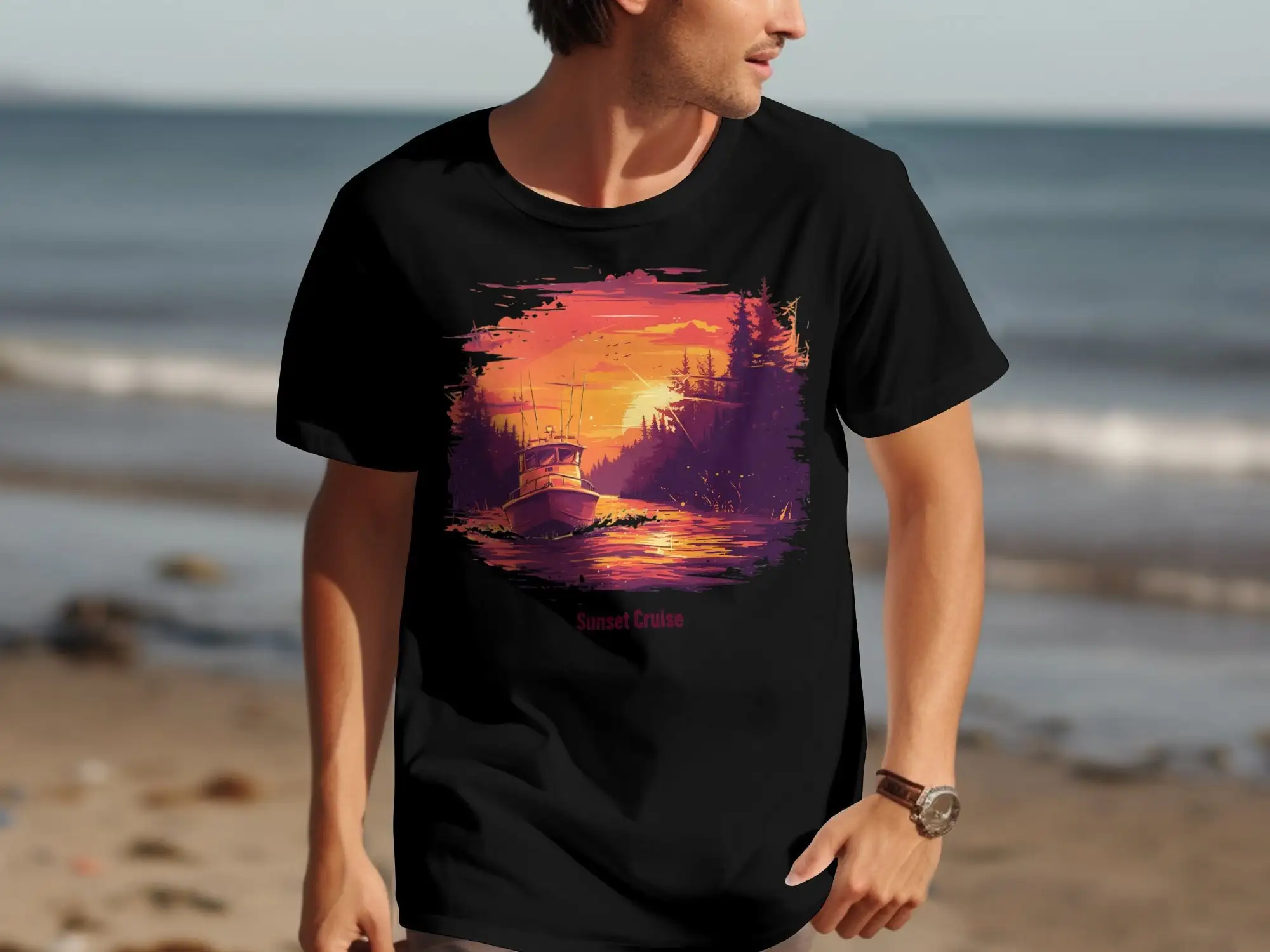 Sunset Cruise T Shirt Vintage Retro Summer Boat Lake Outdoors Nature Lover Art