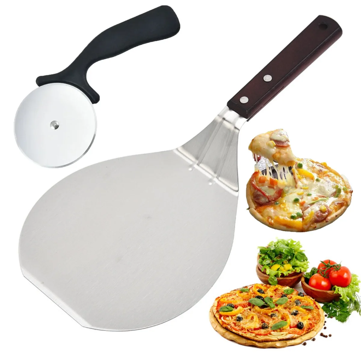 Juego de rodillo de Pizza de cáscara de Pizza de Metal, superficie antiadherente con mango de madera, accesorios de cocina para cortar transferencia de pan casero