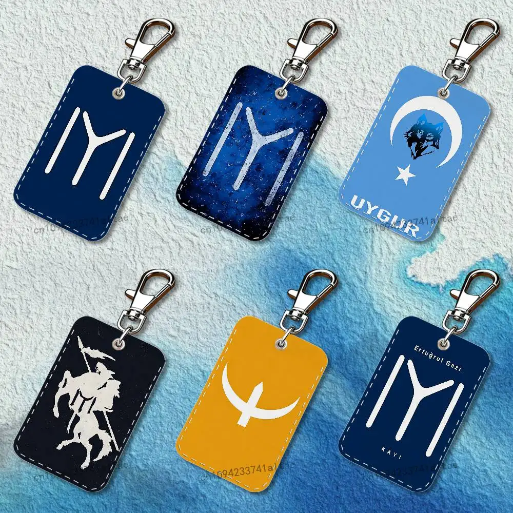Resurrection Ertugrul Kayi Flag Rectangle Access Card Case Leather Card Holder Keychain Key Ring Transportation Card Case