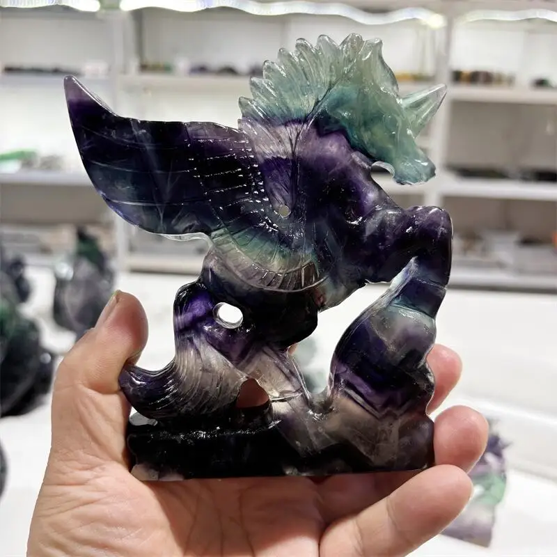 

Natural Rainbow Fluorite Unicorn Carving Mermaid Crafts Home Furnishings Fengshui Decoration Christmas Gift 1PCS