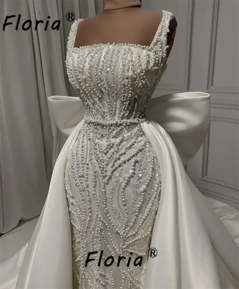 Vestido de novia de lujo con perlas de cristal de Dubái para mujer, elegante vestido de novia con cuentas de tren desmontable, lazo grande, 2024