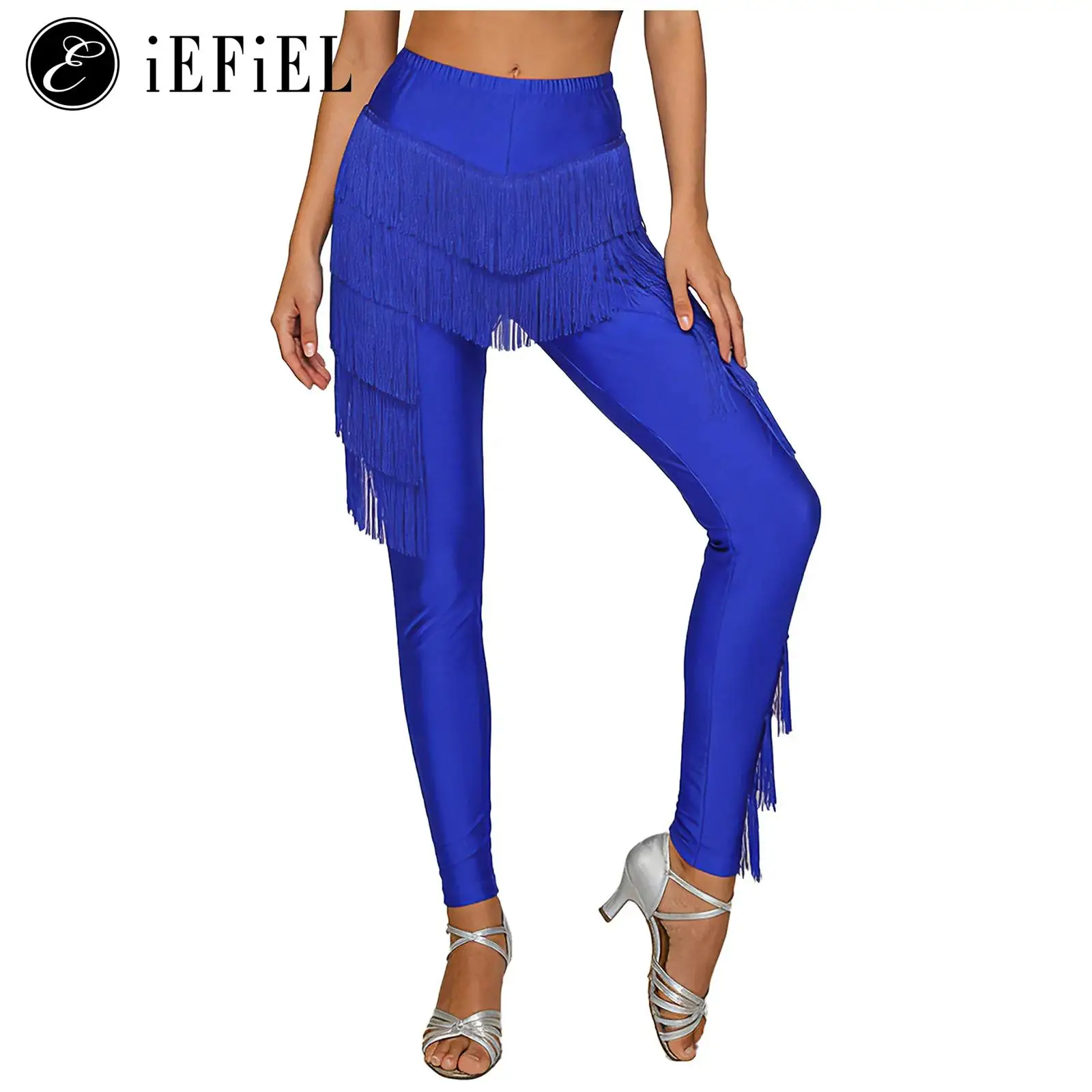 

Womens Tassels Fringe Latin Dance Pants Tiered Elastic Waistband Leggings Trousers Tango Cha-cha Salsa Dance Performance Costum