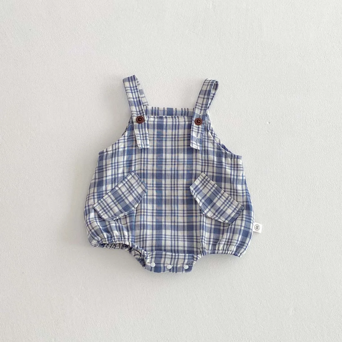 Summer New Baby Boy and Girl Baby Shoulder Straps Romper Version Checkered Fart Clothes Jumpsuit Crawling Clothes for Children