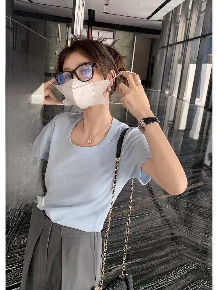 

EKOOL Women's ort Sve U-Ne T-irt Summer New Sle Slim Fit Casual Loose Cotton Blend Anti-Wrinkle Sweat-ng