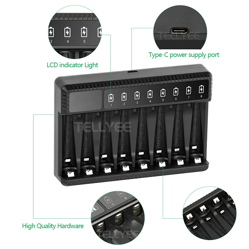 Charger 8-slot AA AAA battery charger, USB high-speed charging, independent card slot, smart charging