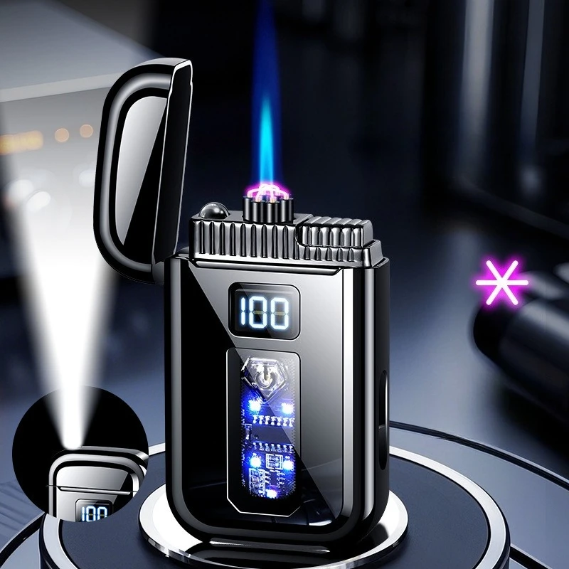 2-in-1 Winddichtes 6-Bogen-Puls-Typ-C Elektrisches Feuerzeug mit Digitaler Batterieanzeige, Outdoor-Beleuchtung, Jet-Blauflamme, Gas-Taschenlampe