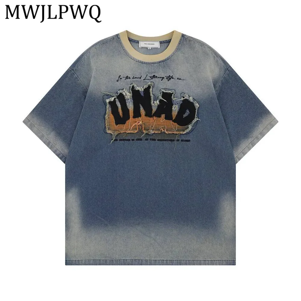 

MWJLPWQ Summer Letter Patch Embroidery T-Shirt Men's American Style Trendy Street Gradient Color Block Short Sleeve Tops 21877