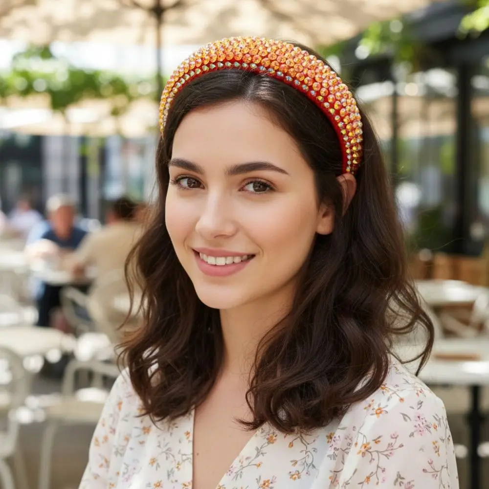 

Candy Colors Wide Brim Full Rhinestone Headband Padded Design Handmade Women Head Hoop Shiny Thickened Baroque Headdress Travel