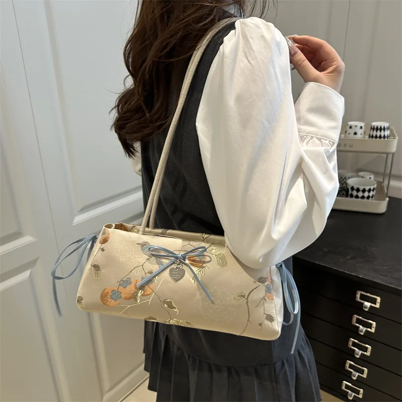 

​​2025 Korean Cute Underarm Bag Summer Bow Print Shoulder Tote for Women Stylish Work Commuter Purse Fashionable Lightweight
