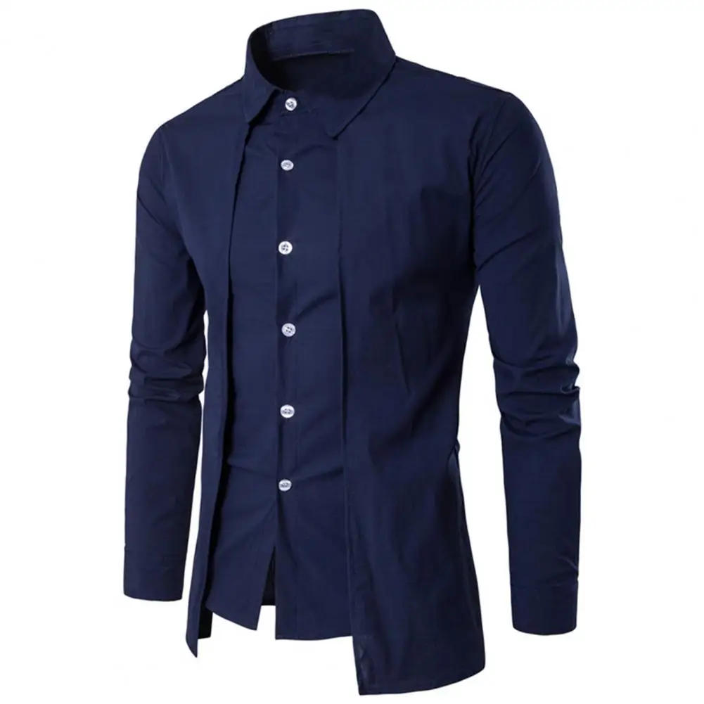 Camicia da uomo in due pezzi finta con colletto alla coreana Camicia con doppia abbottonatura con risvolto Manica lunga Slim Fit Camicia blazer formale Top Camicia da uomo alla moda