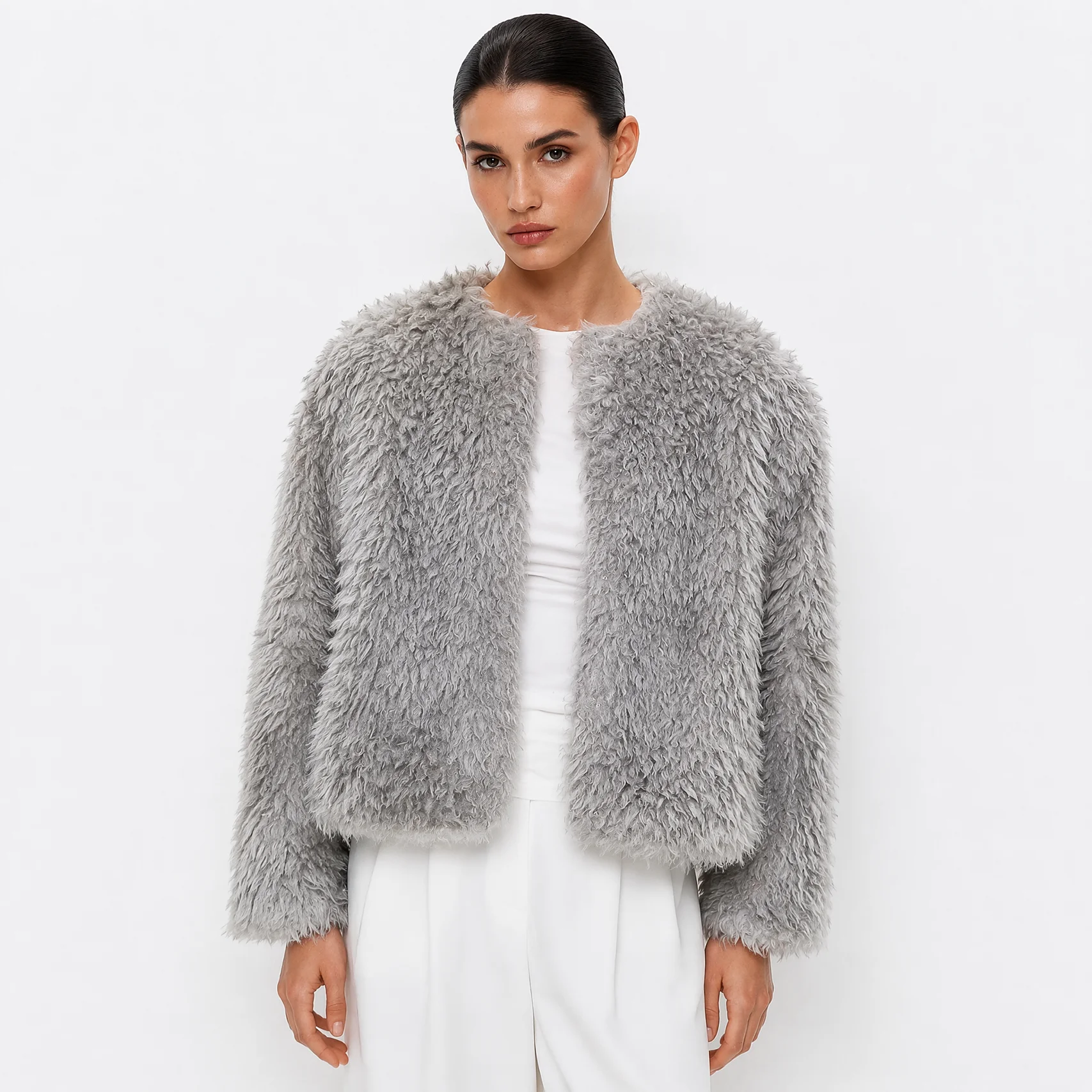 2026 Women's Open Front Curly Fluffy Faux Fur Short Jacket, Crew Neck Drop Shoulder Long Sleeve Boxy Cropped Plush Fur Coat Mini