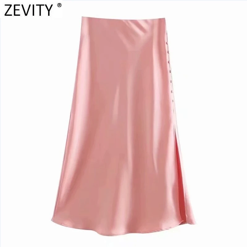 Zevity 2021 elegante feminino estilo francês doce cor dividir cetim uma linha saia faldas mujer feminino casual verão midi saias qun810