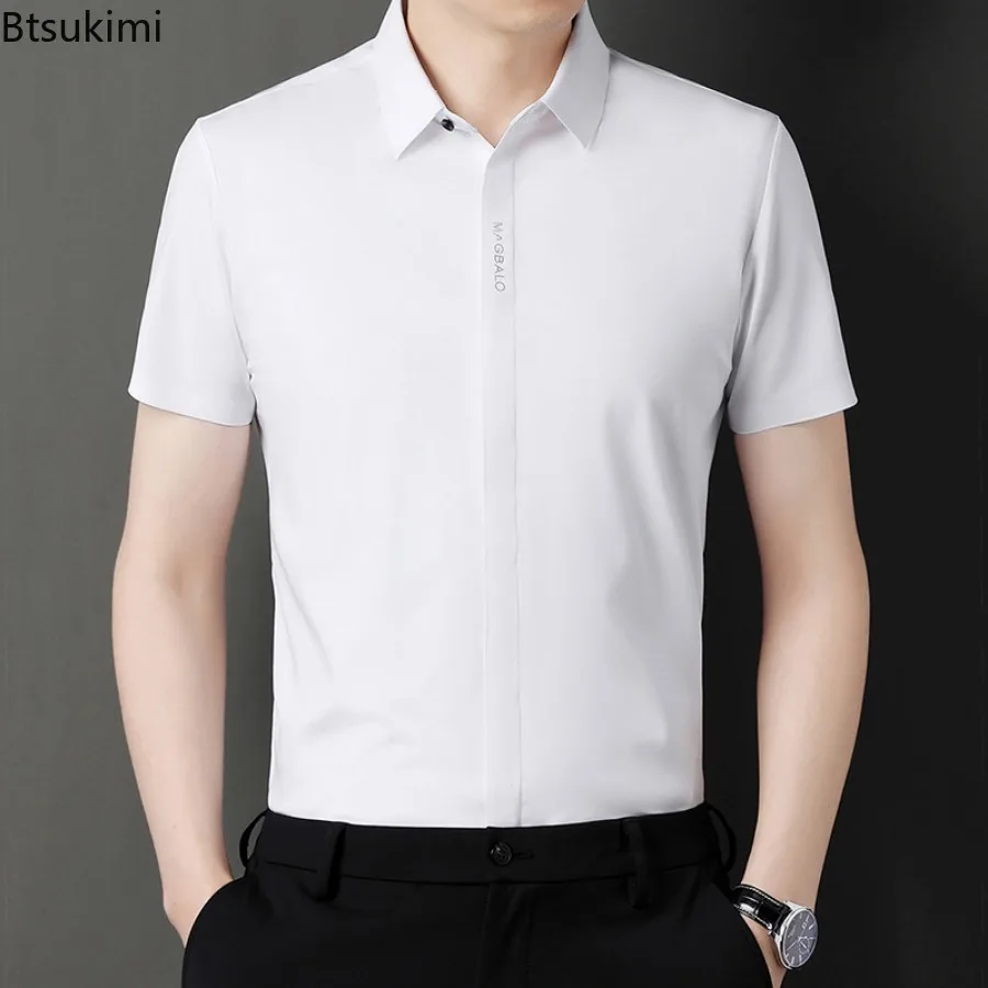 Fashion New Men's Summer Ice Silk Short Sleeve Shirts Solid Slim Business Casual Shirts Men Comfy Elastic Cardigan Social Blouse