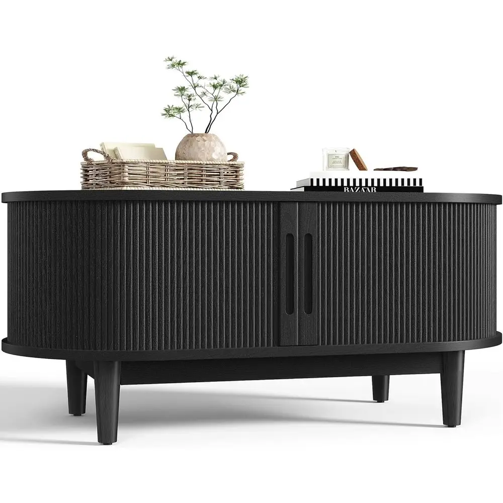 

Круглый журнальный столик, журнальный столик-барабан диаметром 31,5 дюйма с раздвижной тумбовой дверцей, акцентный центральный столик с рифленой отделкой и местом для хранения, журнальный столик Century ern