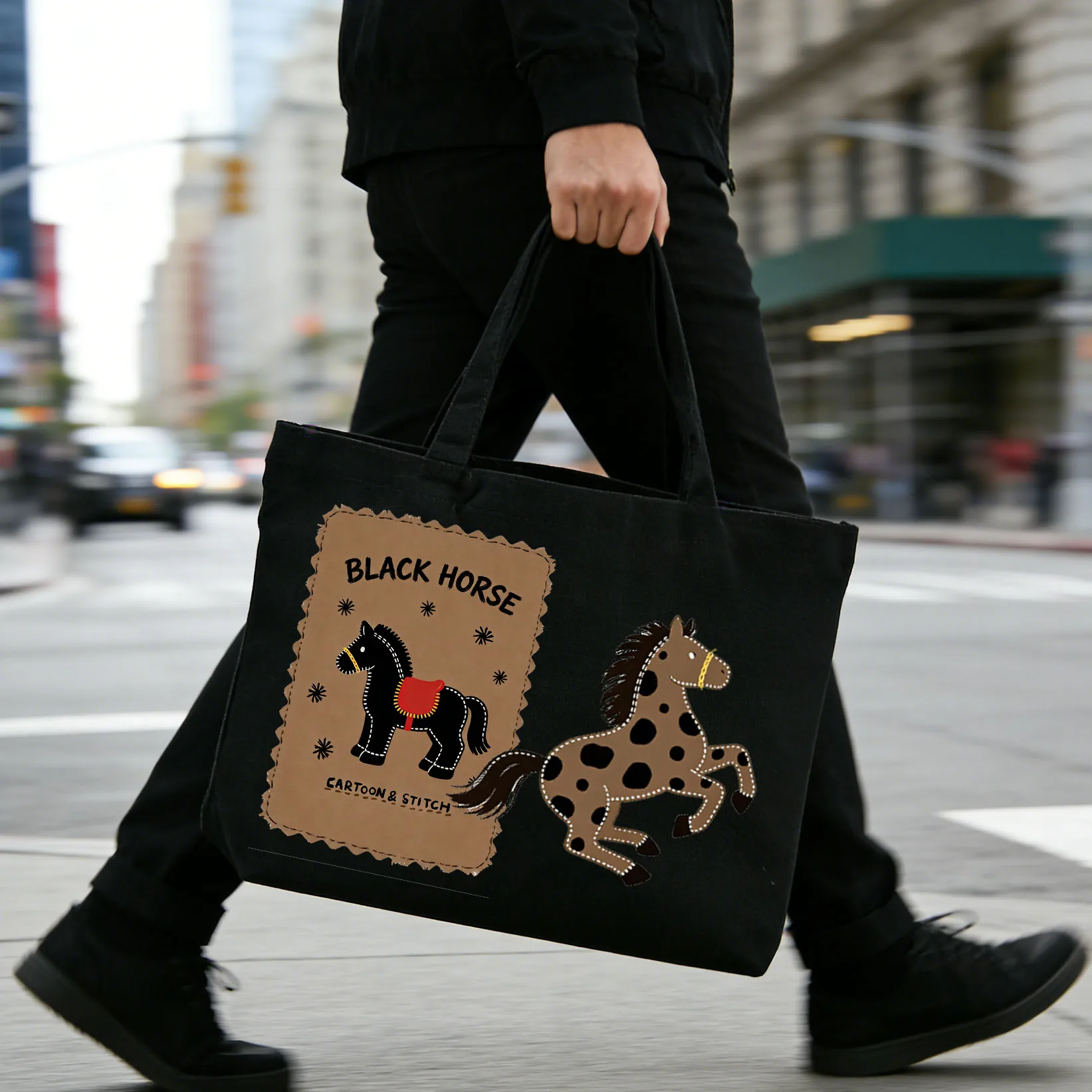 1PC Black Unisex Large Capacity Canvas Shoulder Bag Portable Commuter Student Bag 2D Flat Pattern Horse Design Outdoor