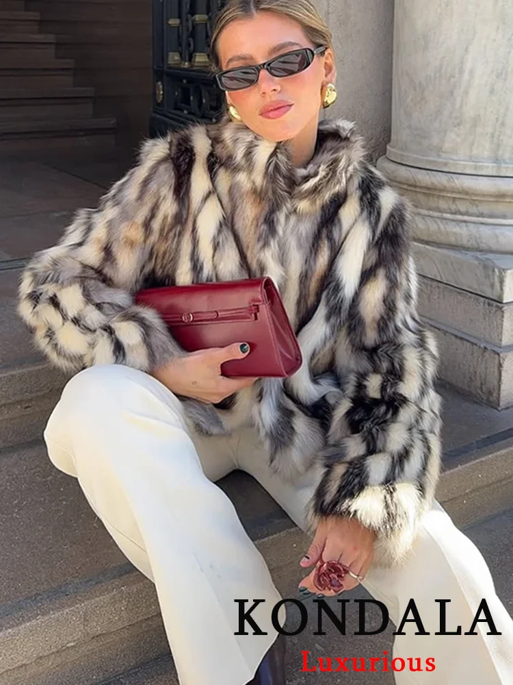 

KONDALA Vintage Casual Chic Women Overcoat Animal Print Faux Fur Mock Neck Single Breasted Thick Loose Coat Fashion 2025 Coat
