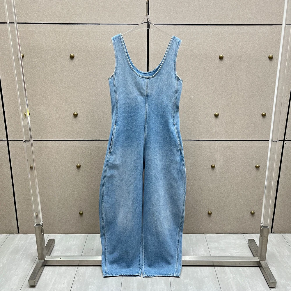 

Women's Vintage Blue Denim Jumpsuit 100% Cotton Sleeveless Loose Wide Leg Overalls Casual One Piece Pants Streetwear 2026 New