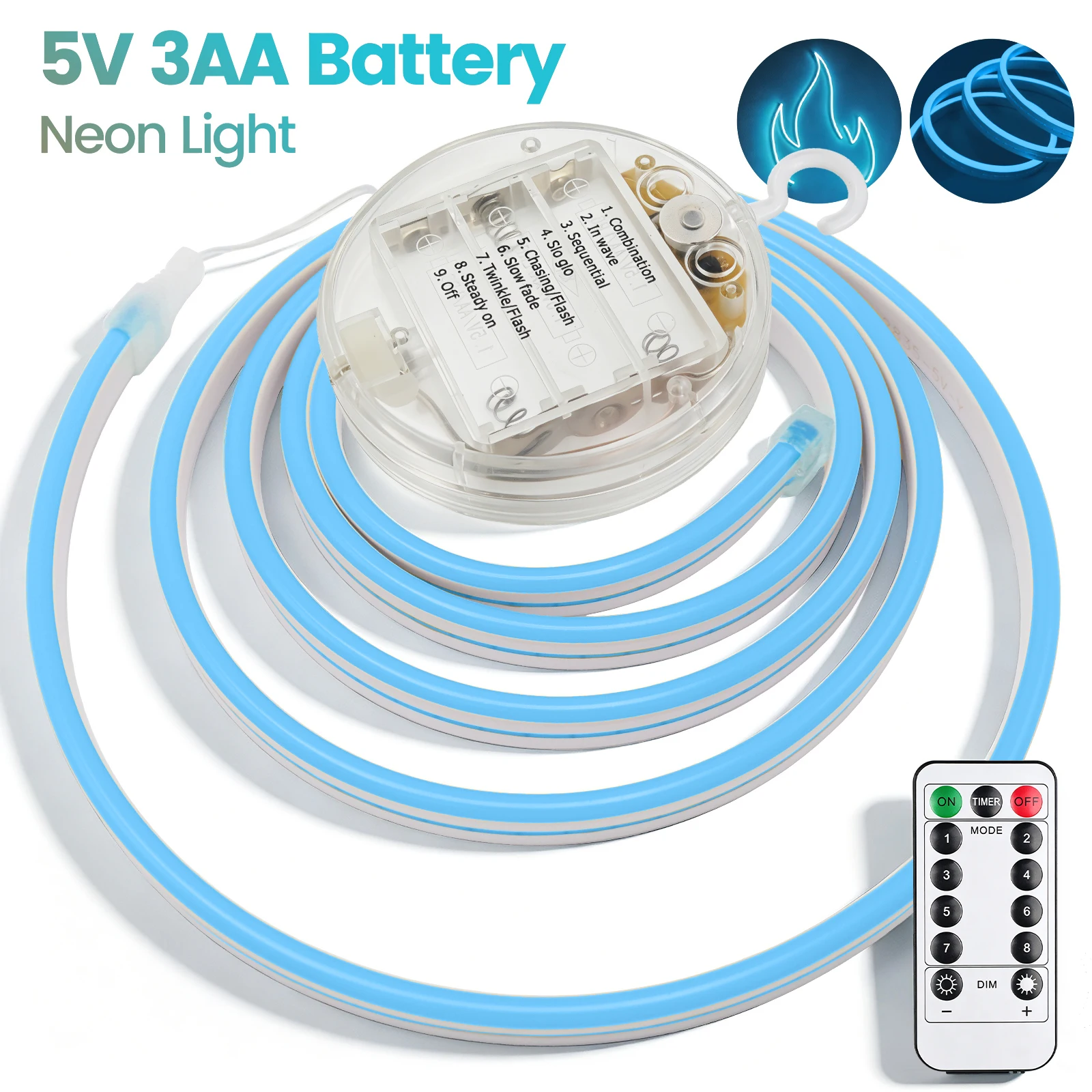 DC5V 3AA Battery Box LED Neon Strip Light Neon Sign 13key Remote Control Dimmable 8 Functions Waterproof Rope Lights Flex Decor