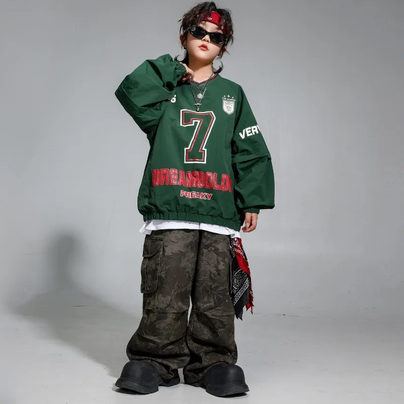 

Kid Hip Hop Clothing Green V Neck Elastic Hem Sweatshirt Camouflage Casual Cargo Pants for Girl Boy Jazz Dance Costumes Clothes