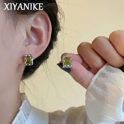 XIYANIKE Sweet Square Green Zircon Earrings Stud For Women Cool Fashion New Ear Jewelry Party Ladies Gift серьги женс