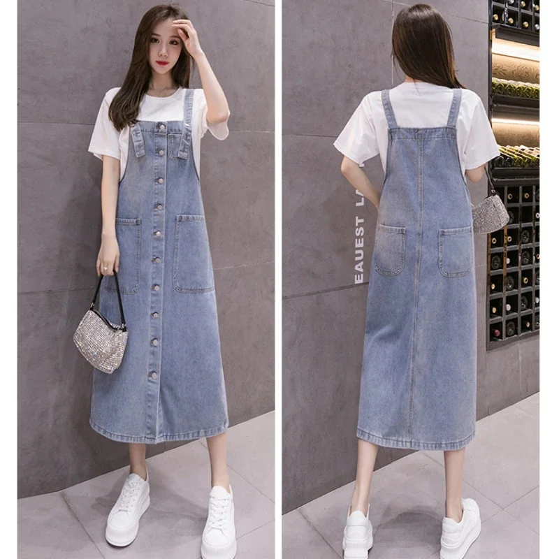 Button Design Long Denim Dress Women Adjustable Shoulder Strap Cowboy Sundress 2025 New Summer Practical Pocket Jean Casual Wear