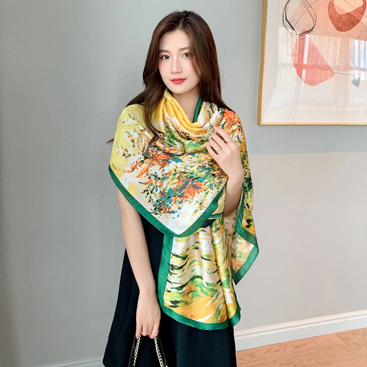 2025 Oil Painting Style Silk Satin Scarf Women Fashion Luxury Design Printed Scarf Spring New Sunscreen Warm Shawl Floral Stoles