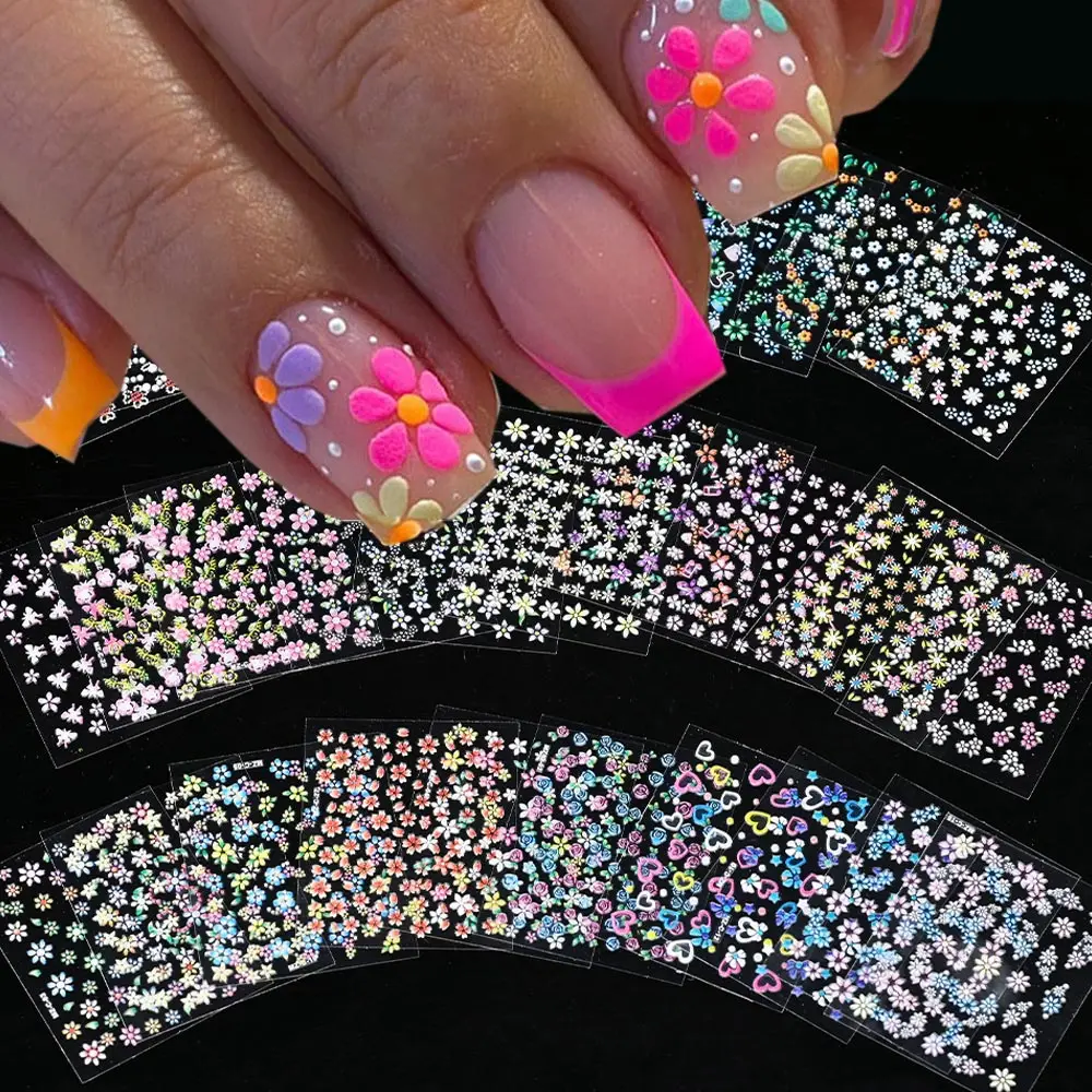 3D kolorowe kwiaty kwiaty wiśni róża stokrotka naklejki do paznokci 20/30/60/70/90 sztuk śliczne serce naklejka do paznokci Manicure dekoracje 5.5*6cm