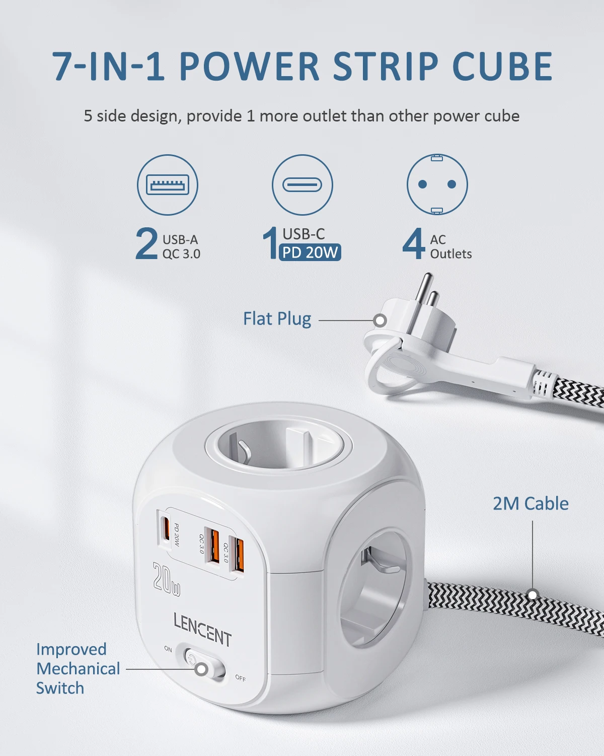 LENCENT Power Strip Cube with 4 AC Outlets +2 QC3.0 USB Ports +1 PD20W Type C 2M Braided Cable Multi Socket with Switch for Home