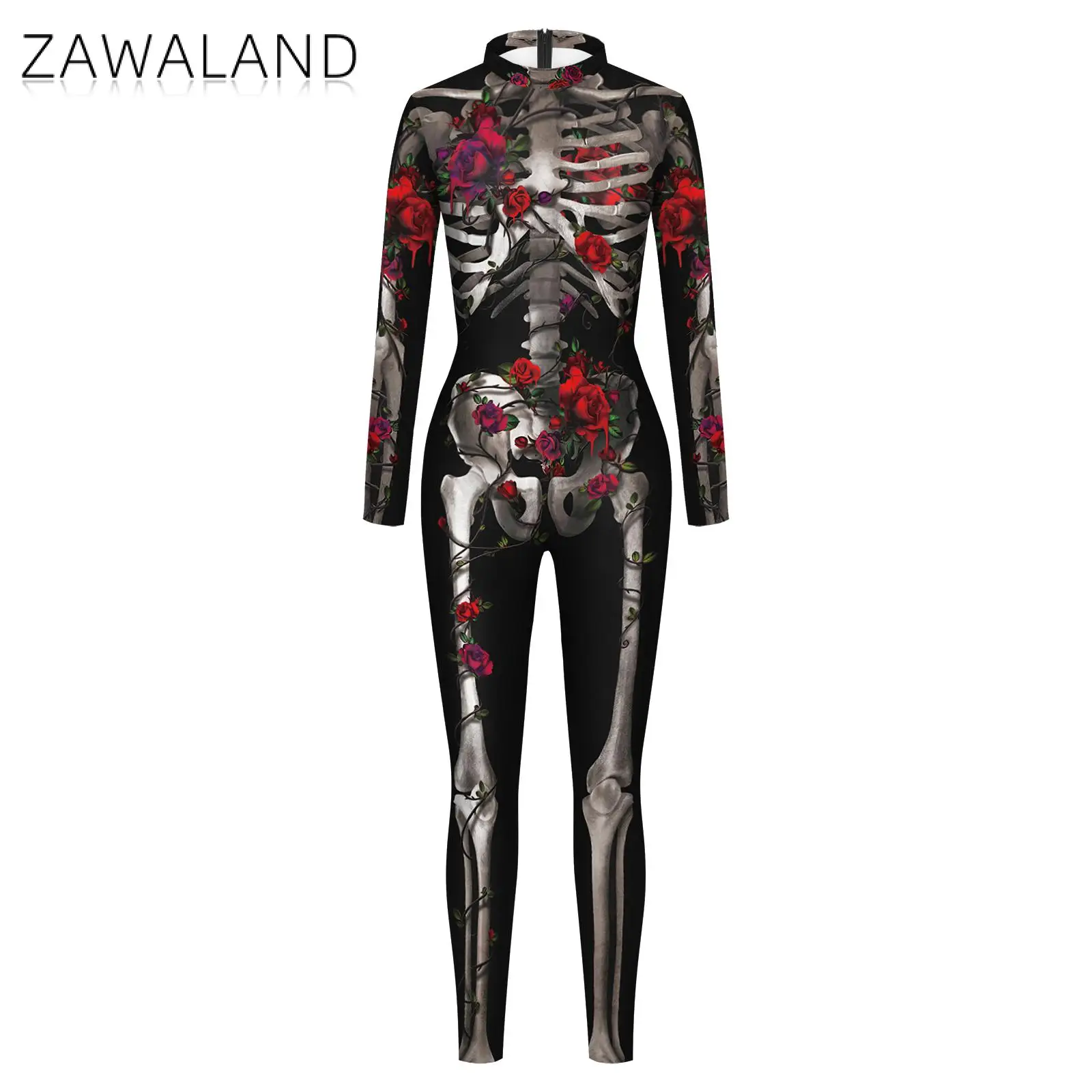 Zawaland Halloween Rose skeleton print Women Jumpsuit Funny Cosplay Costume Disguise Outfit Carnival Long Sleeve Zentai Bodysuit