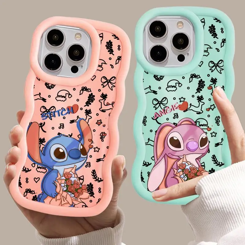 Disney Christmas Stitch Angel Rose Macaron Waves Phone Case for iPhone 16 15 14 13 12 11 pro Max XS XR X 7 8 plus Silicone Cover