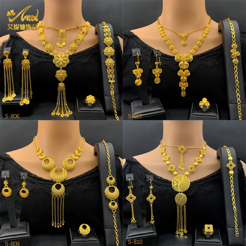 Middle East Dubai 24K Gold Plated Vietnam Bridal Necklace Earrings Bracelet Ring Gold jewelry