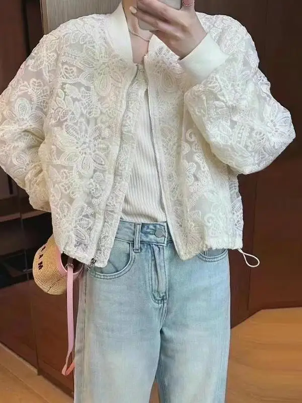 Versatile Lace Sun Protection Outerwear Women's Spring Summer 2025 Small Size Elegance Me Hollow Embroidery Long Sve Top