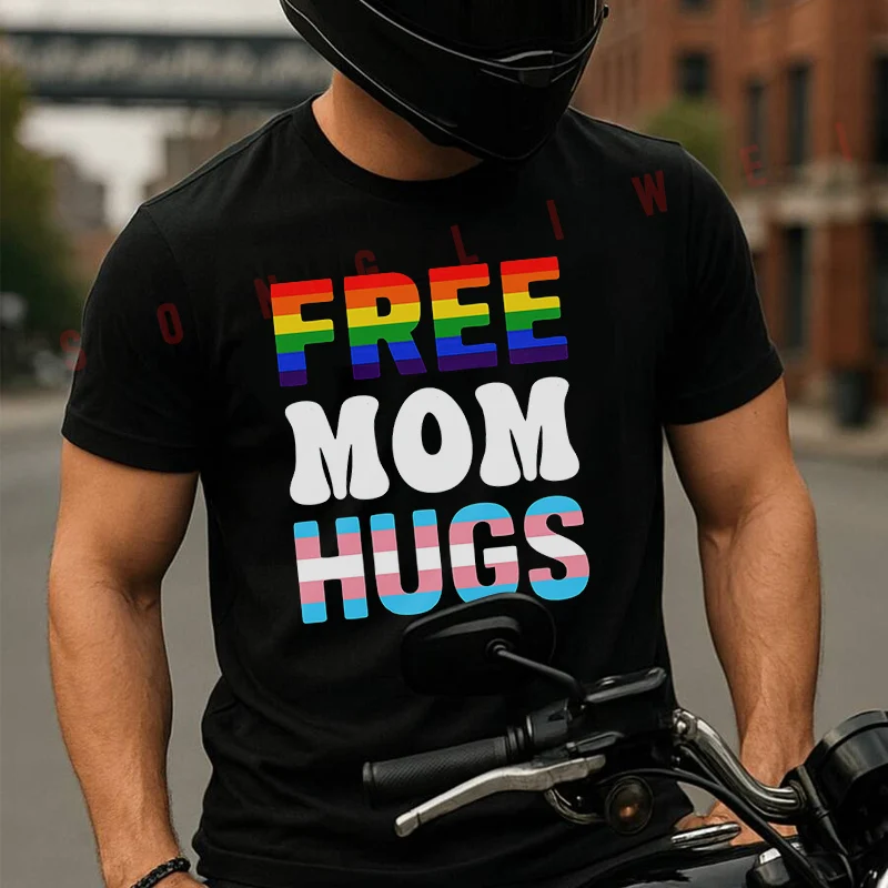 

Летняя футболка с принтом Free Mom Hugs для мужчин и женщин, дышащая, быстросохнущая, для мотоспорта, с короткими рукавами, спортивная футболка