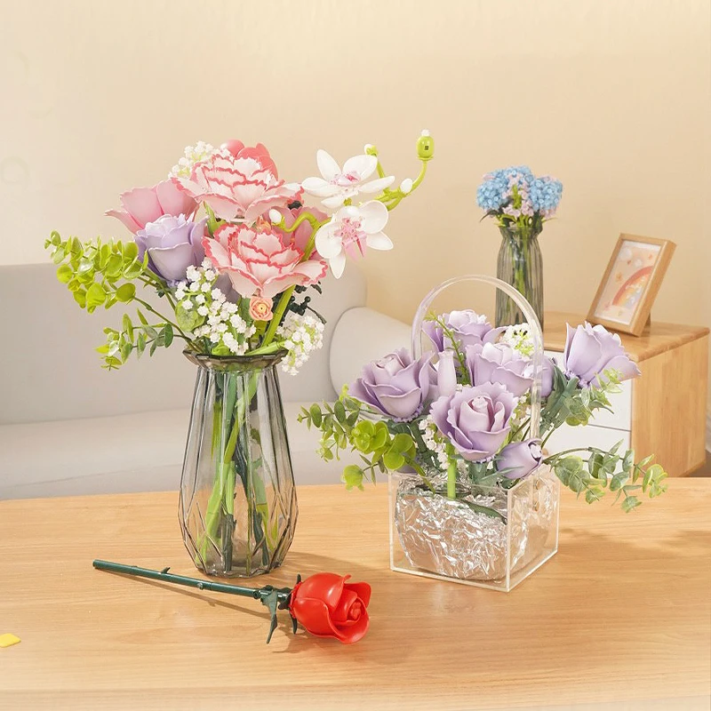 Building block bouquets, single flowers, tulips, carnations, daffodils, mom and girl art family ornaments toys and gifts