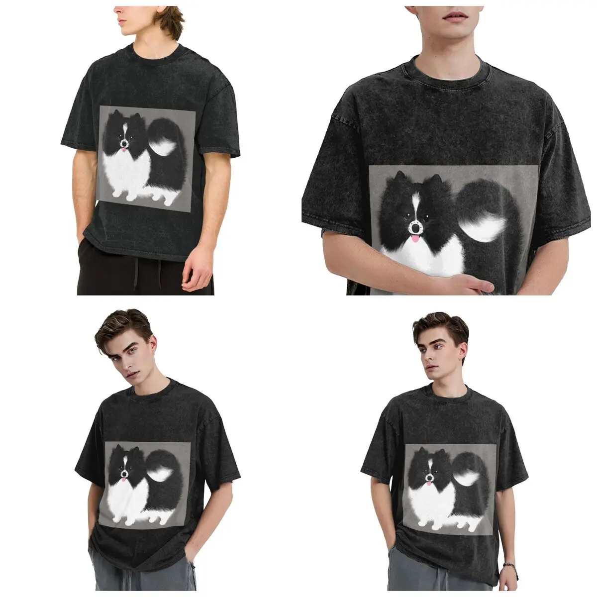 Black And White Parti Pomeranian Fluffy Dog Short Sleeve T-Shirts Washed Tops Tees Streetwear T Shirt Casual for Men Women