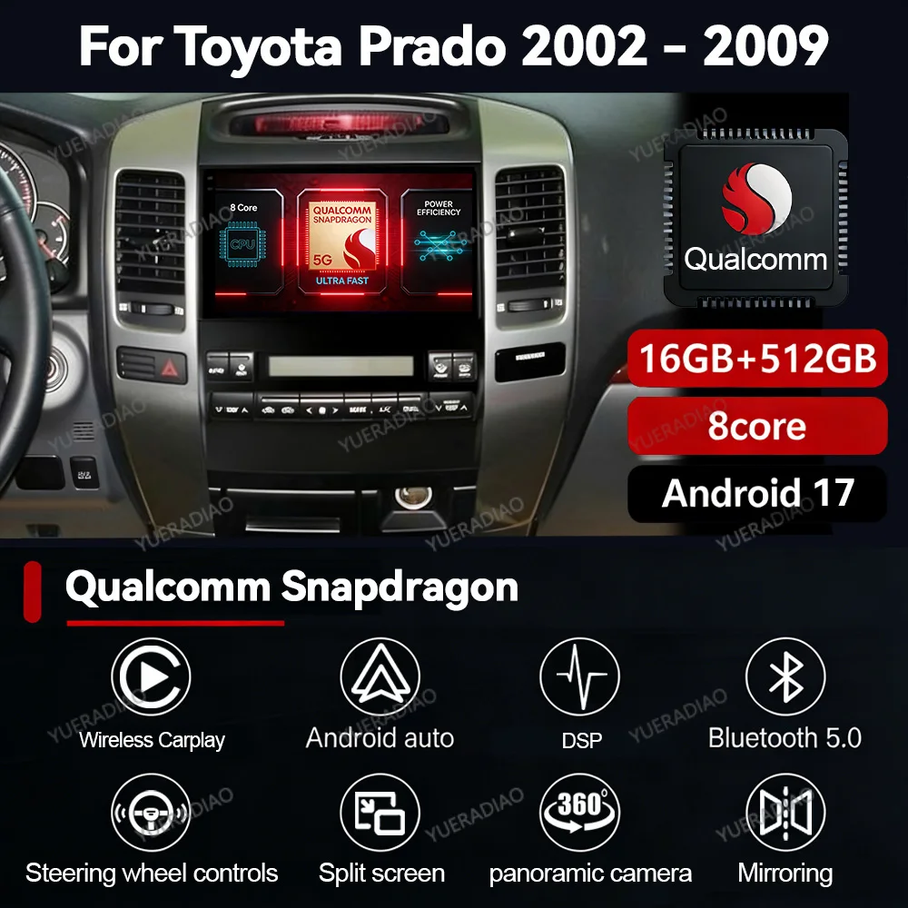 Android 17 Car Radio For Toyota Land Cruiser Prado 120 3 III For Lexus GX470 GX 470 J120 2002 - 2009 QLED 2DIN 4G WIFI BT NAVI