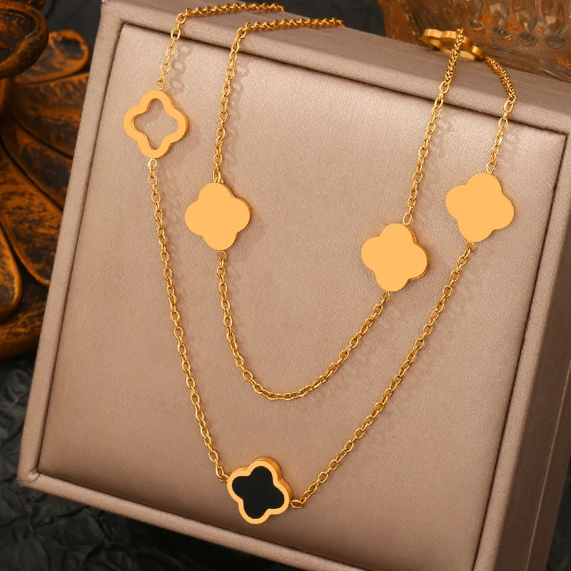 

CDD 316L Stainless Steel Vintage Hollow Four-leaf Clover Necklace for Women Classic Fashion Neck Chain Waterproof Jewelry Collar