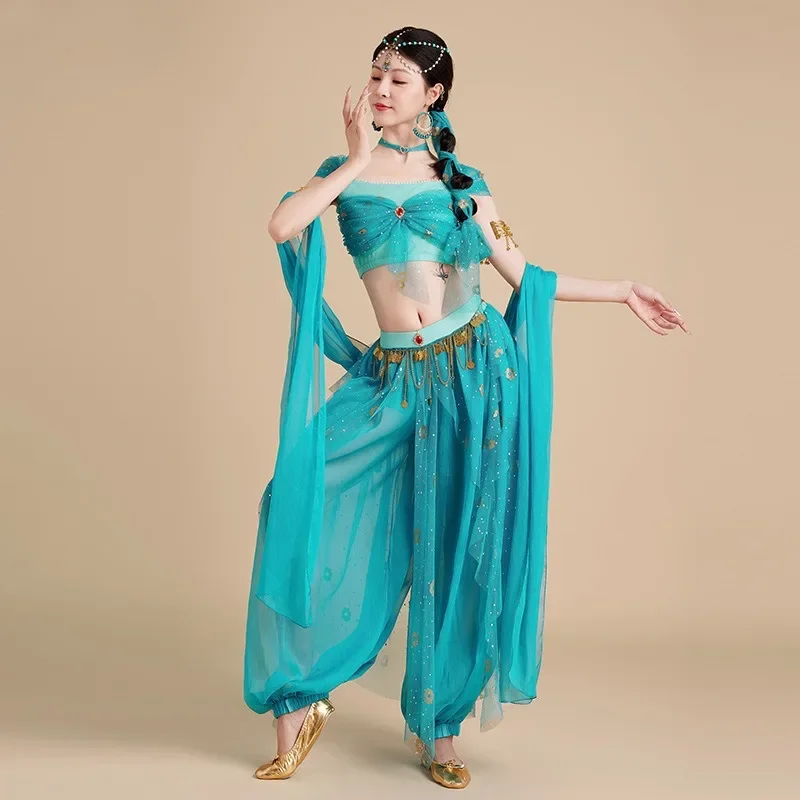 

Арабский костюм принцессы Jasmines, лампа Аладдина для косплея, платье для индийского танца, зеленый комплект, женский наряд для ролевых игр на Хэллоуин